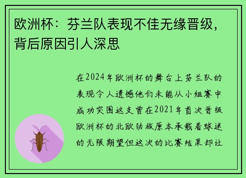 欧洲杯：芬兰队表现不佳无缘晋级，背后原因引人深思