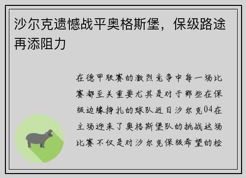 沙尔克遗憾战平奥格斯堡，保级路途再添阻力